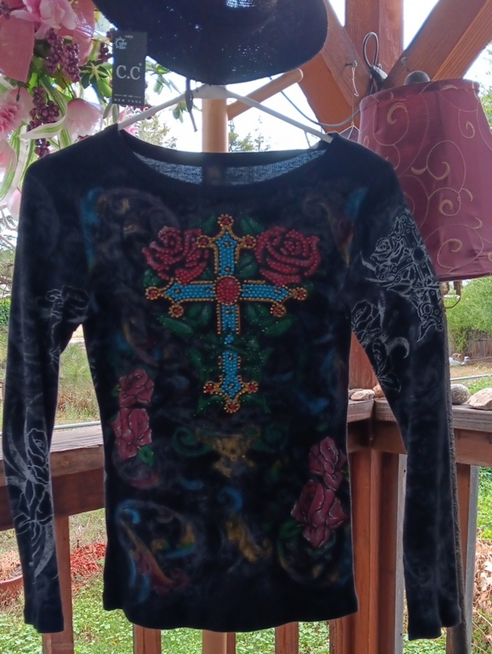 C.C Black Embellished Cross Sweater with Turquoise & Red Accents